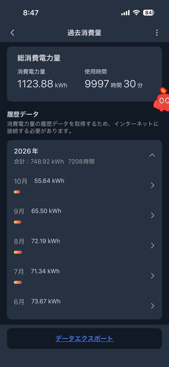 SwitchBotアプリに表示された消費電力の履歴一覧